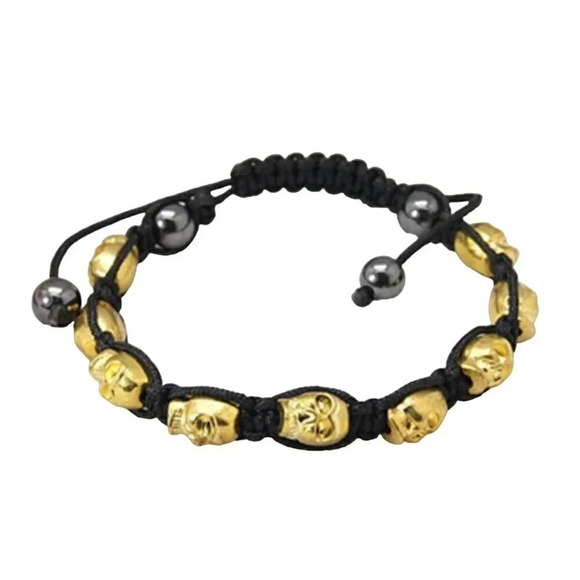 Gold Skulls Gunmetal Hematite Beads Black Macrame Adjustable Shamballa Bracelet - Picture 1 of 1
